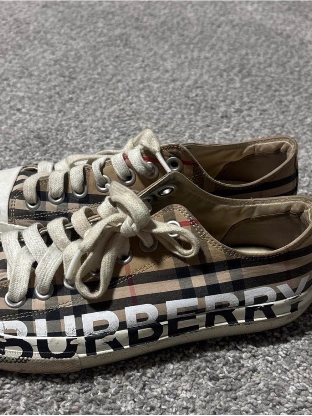Burberry Beige Check Low-Top Sneakers with White Logo